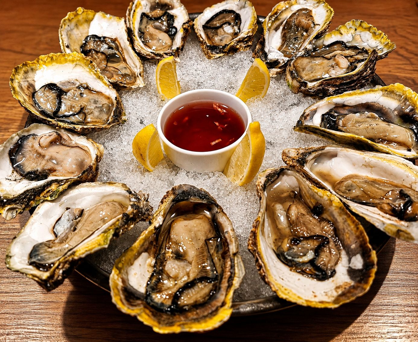 Fresh oysters on ice with mignonette