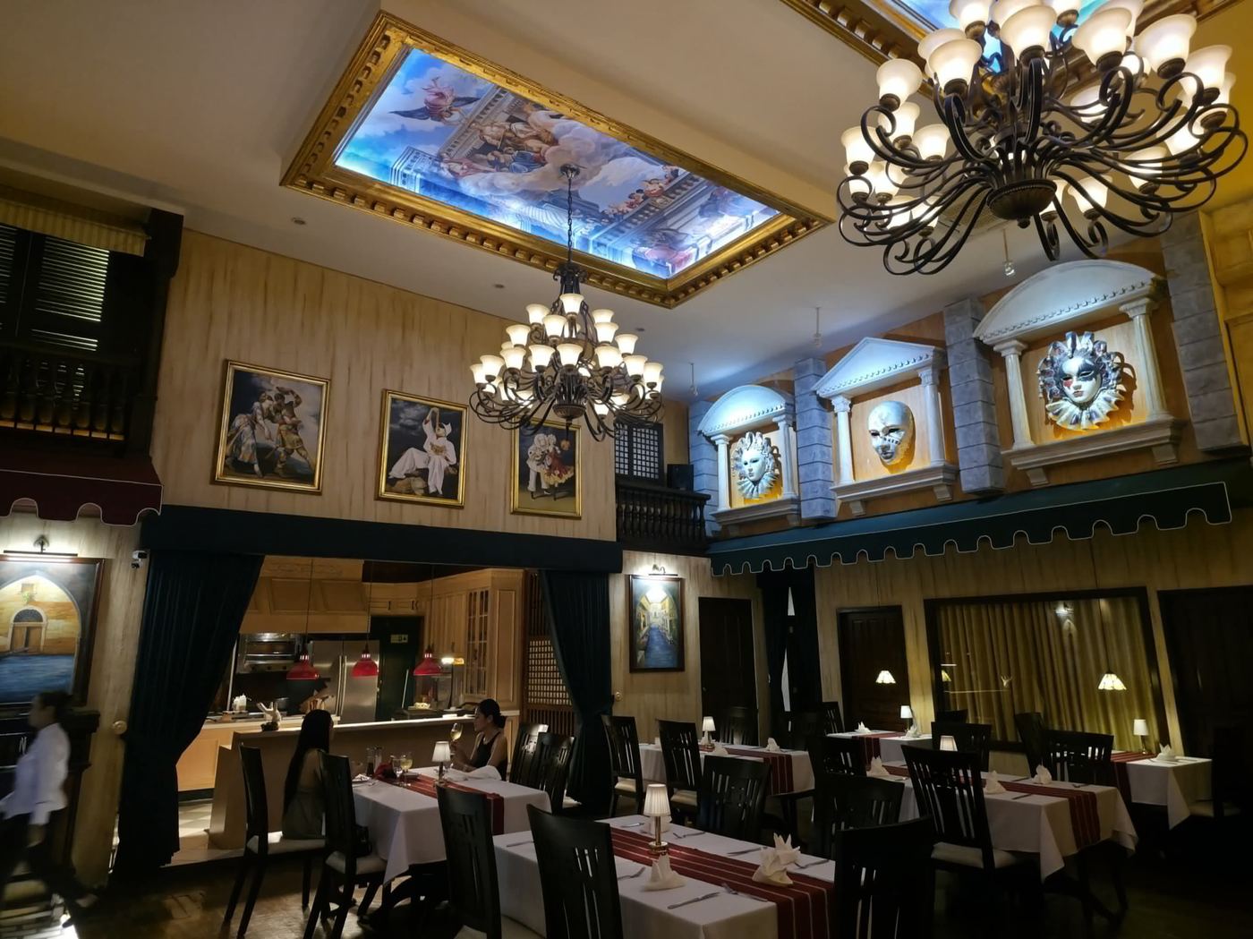 Dining room under the chandeliers