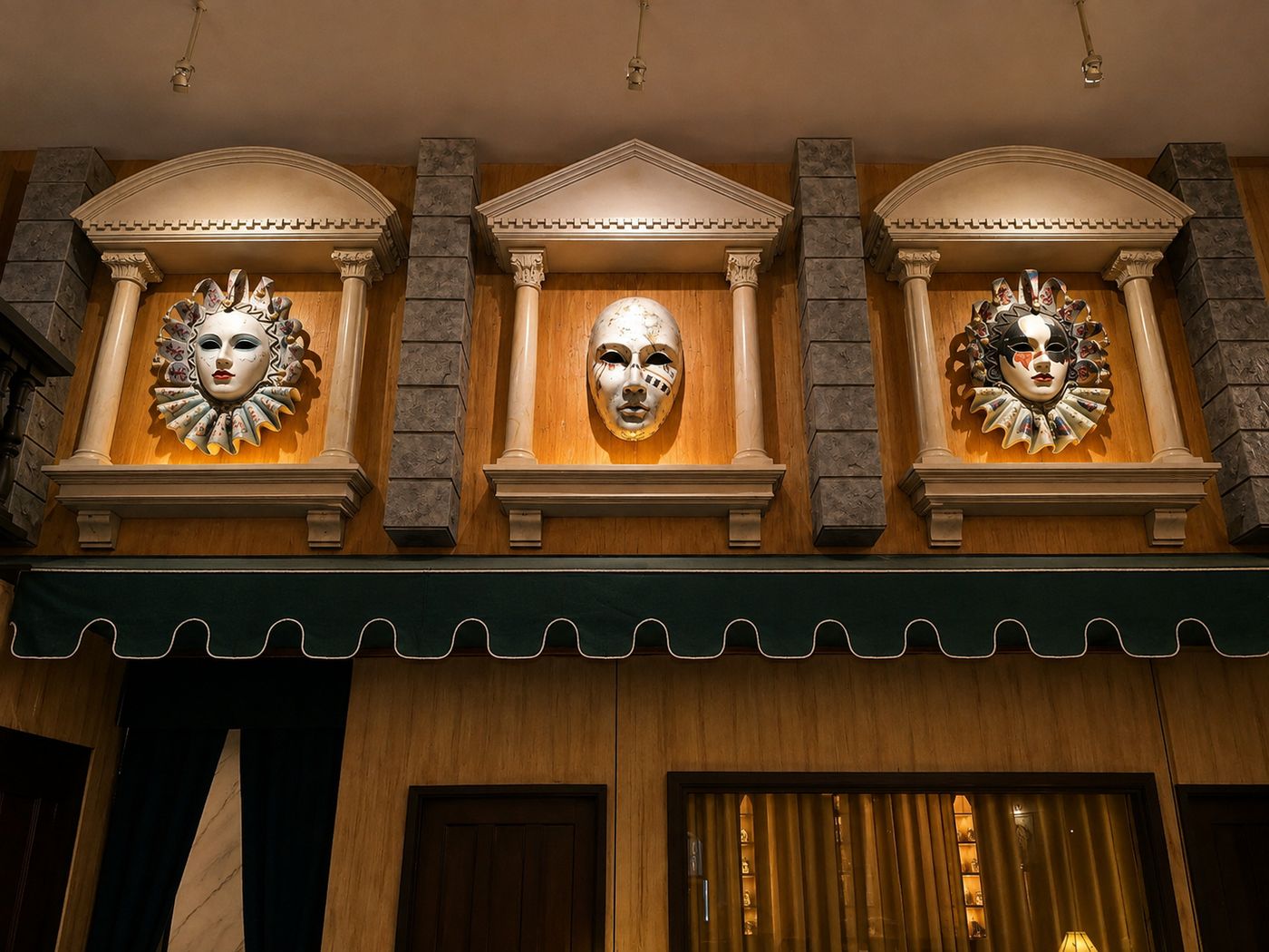 Venetian masks displayed in wall niches